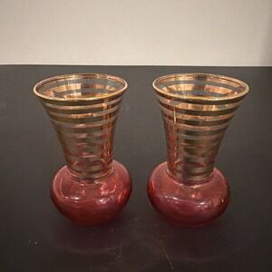 Set Of Two Vtg Bartlett Collins Bud Vases 4" Tall Cranberry Gold  Atomic 1950